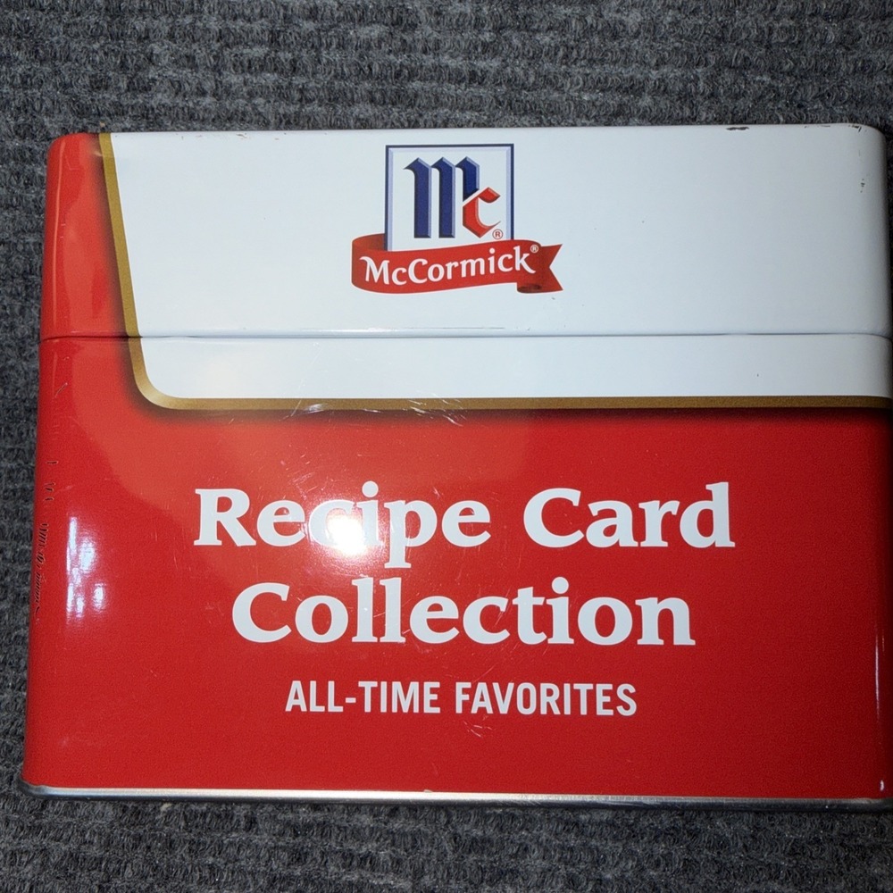 McCormick Red White Metal Recipe Box with Lid and Recipe Cards